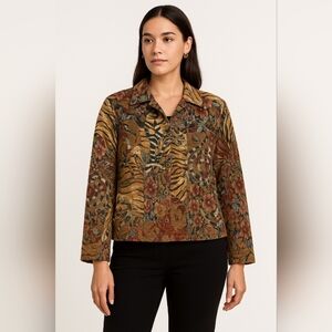 Vintage Chico’s Tapestry Jacket Boho Patchwork Animal Floral Print Size 2 Large